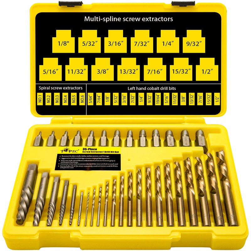 Topec 35-Piece Screw Extractor and Left Hand Drill Bits Set  Easy Out Screw Extractor Set with Reverse Drill Bits  Multi-Spline Extractors for Removing Broken Bolts and Stripped Screws - Image 1
